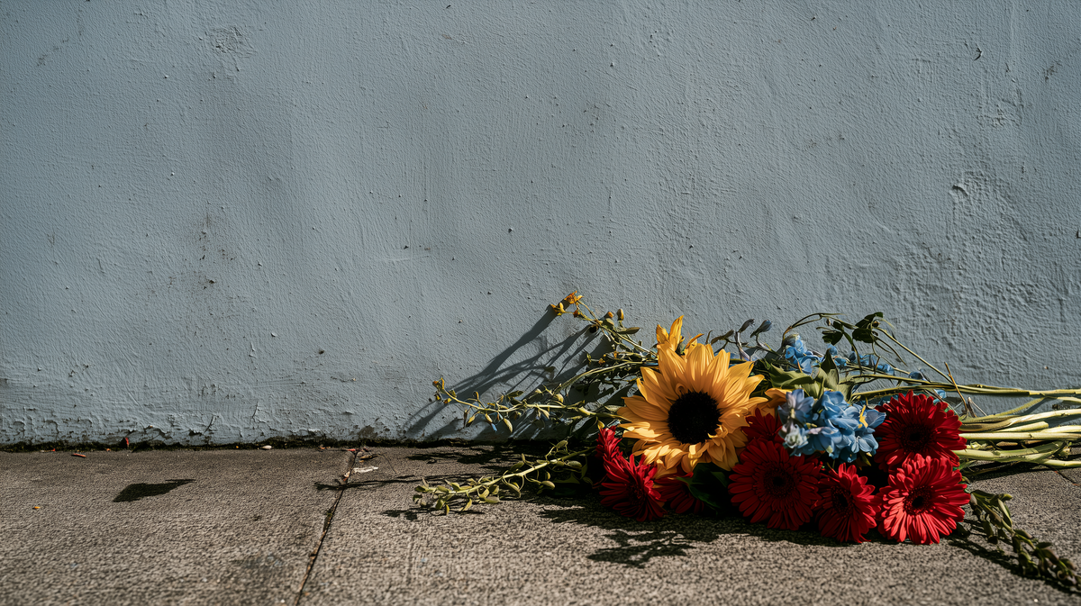 A bouquet of mixed wildflowers, including a prominent yellow sunflower, red daisies, and blue flowers, lying on a concrete ground against a textured light blue-gray wall.